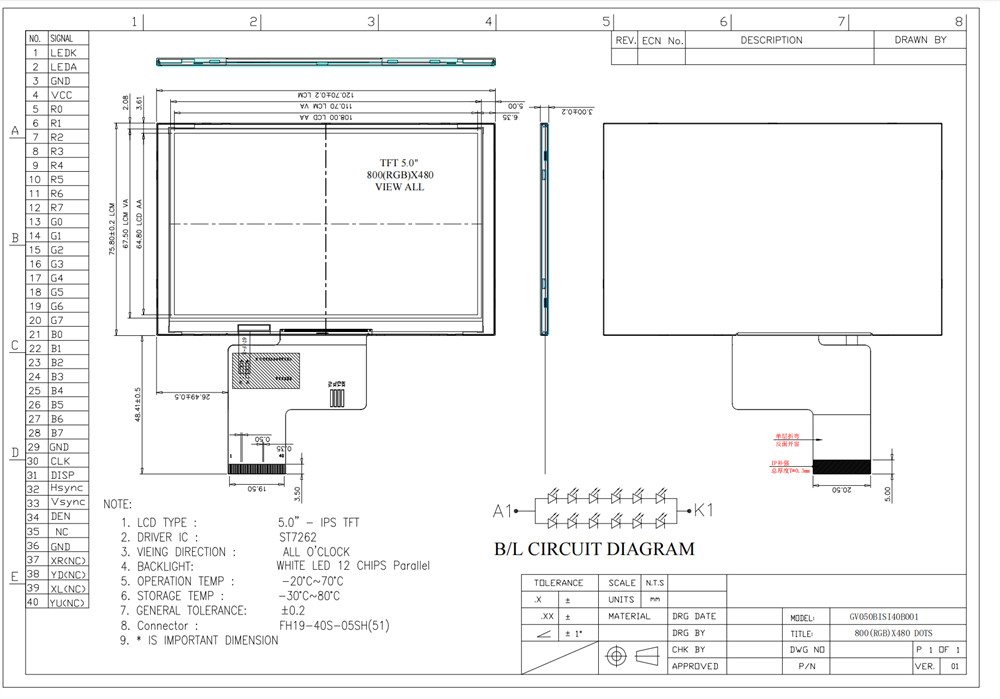 5 Inch 800x480 RGB IPS TFT